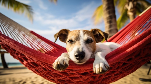 잭 러셀 개는 해변에서 여름 휴가 휴가에 빨간 햄록에서 휴식을 취하고 있습니다.
