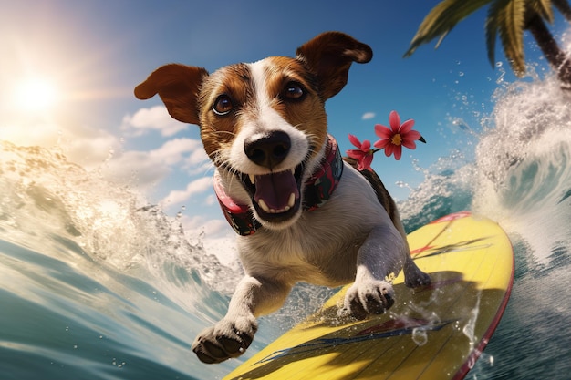 Jack russell dog riding surfboard