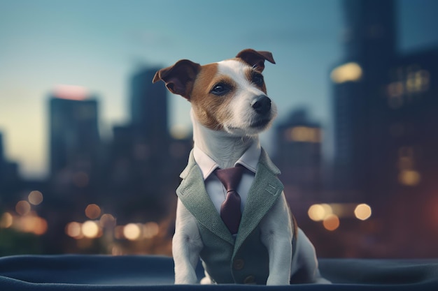 Jack russell dog in a suit in the city elegant animals generative ai