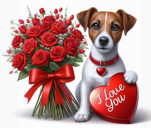 사진 잭 러셀 강아지 와 은 장미 꽃줄 과 은 심장 선물