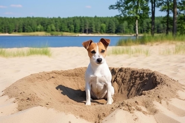 Jack Russell een paar honden graven een gat in het zand op het strand tijdens de zomervakantie.