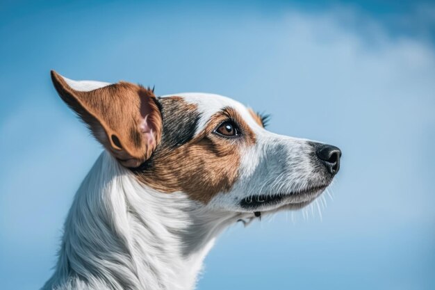 Jack Russell-hond met een zijwaartse blik eenzaam op een hemelsblauwe achtergrond Generatieve AI