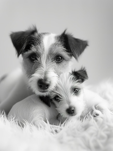 Jack Russell Terrier Adult and Puppy Portrait Parent and Puppy Share Tender Moment in monochrome