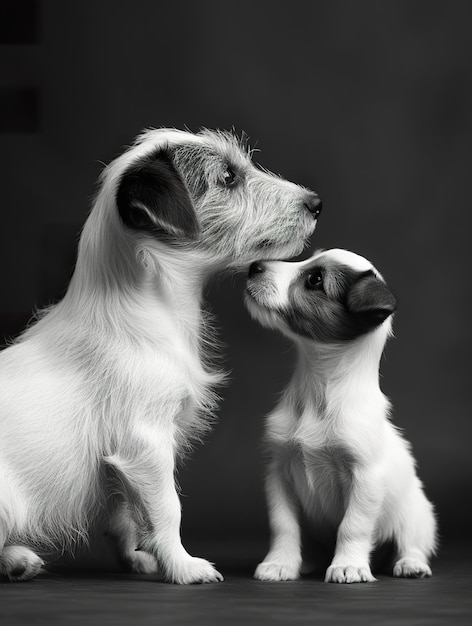 ジャック・ラッセル・テリア 大人と子犬の肖像画 両親と子犬がモノクロで優しい瞬間を共有する
