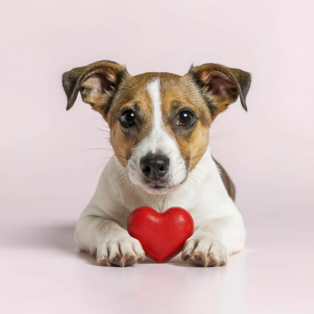 Photo jack russell terrier dog puppy are lying with red heart card on valentine day