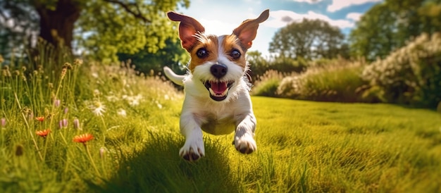 Jack Russell Terrier dog running on grass Generative AI