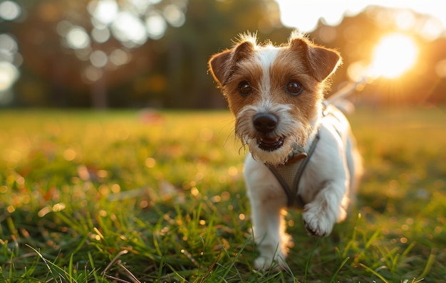 Jack Russell Terrier dog running in the grass at sunset