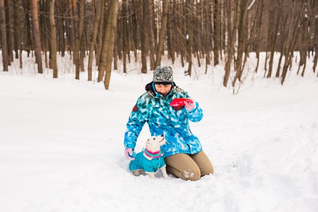 Jack Russell Terrier dog with owner woman playing in the winter outdoors.