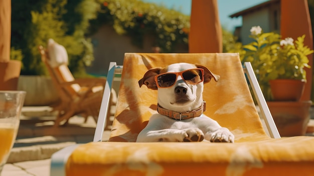 Jack russell terrier dog with sunglasses sunbathing on sun lounger Generative AI