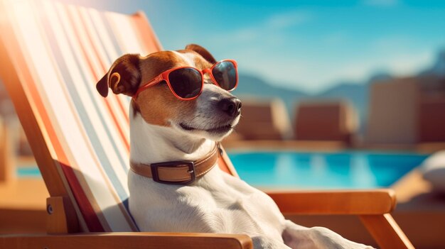 Jack russell terrier dog with sunglasses sunbathing on sun lounger summer and vacation concepts Generative AI