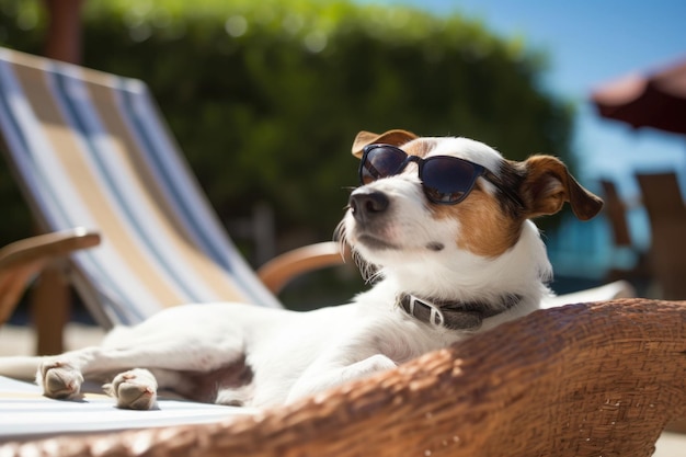 Jack russell terrier-hond die met zonnebril zonnebaadt op ligstoel Generatieve AI