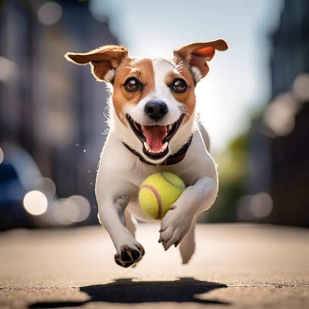Jack russell terrier-hond met tennisbal Speelse, gelukkige hond die in de stadsstraat rent en met een tennisbal speelt Webbanner met kopieerruimte AI gegenereerd