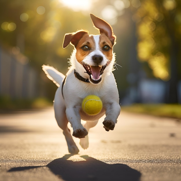 Jack russell terrier-hond met tennisbal Speelse, gelukkige hond die op straat rent en met een tennisbal speelt Webbanner met kopieerruimte AI gegenereerd