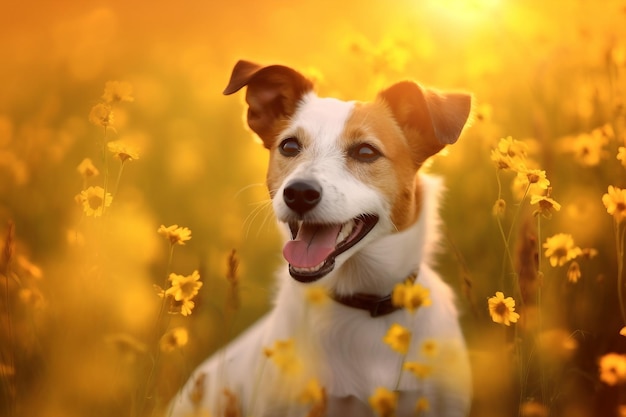 Jack Russell Terrier-hond zit in weideveld omringd door levendige wilde bloemen en gras op zonnige dag AI gegenereerd