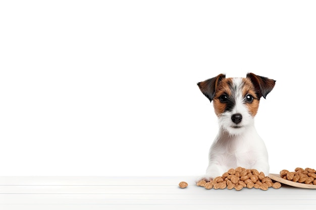 Jack Russell terrier puppy holding empty white banner while licking dry food bowl Isolated on white