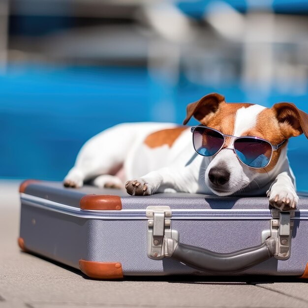 Jack russell terrier in sunglasses lies on a suitcase at the airport traveler dog generative ai