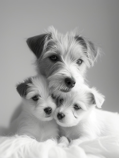 Jack Russell Terrier Volwassen en Puppy Portret Ouder en puppy Deel Tender Moment in monochroom