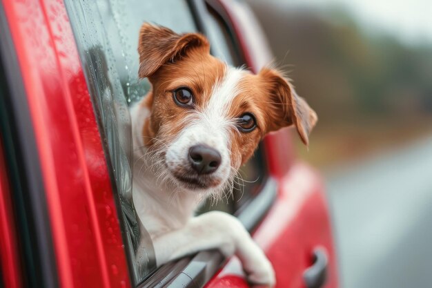 잭 러셀 테리어 (Jack Russell Terrier) 는 비가 오는 차에서 모험을 갈망합니다.