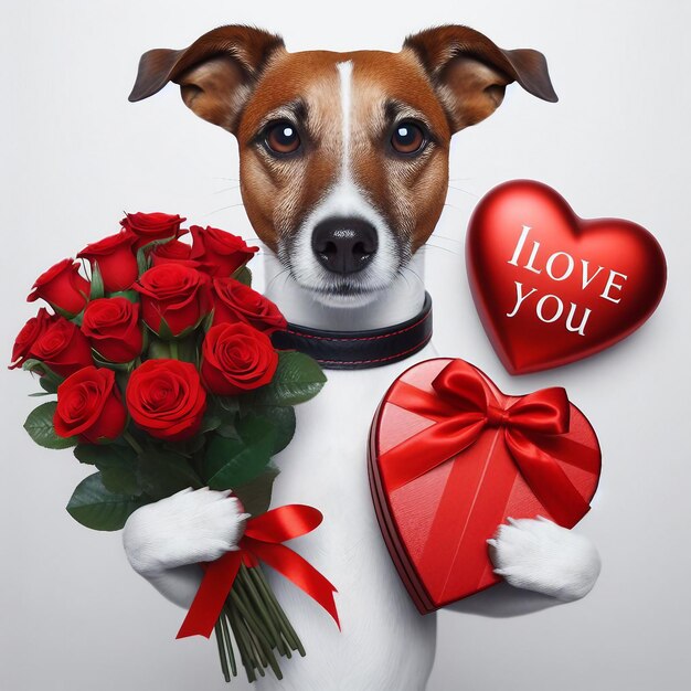 Jack Russell with a bouquet of roses a red heart with text I Love You and a present