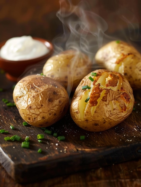 Jacket aardappelen met een knapperige huid vergezeld van zure room op een rokerige houten achtergrond die een huiselijk gevoel benadrukt
