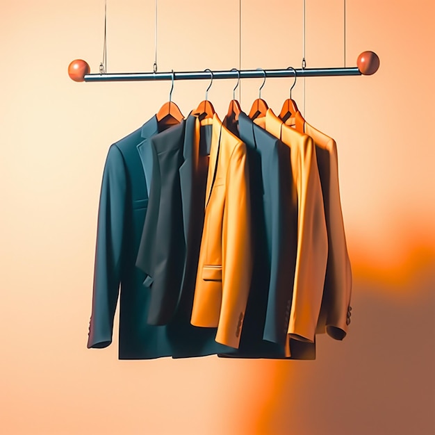 a jacket hanging on a hanger with a black shirt on it