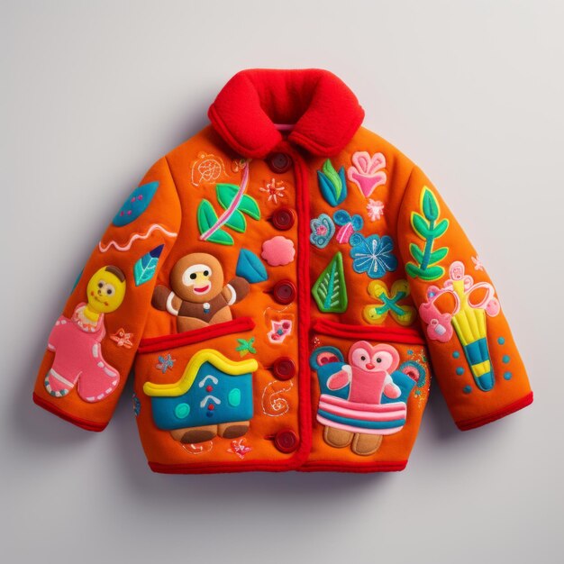 A jacket that has a brightly colored gingerbread man on it in the style of playful and whimsical