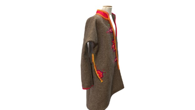 A jacket with a red and yellow pattern on it