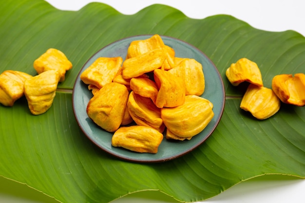 Jackfruit chips on green leaf