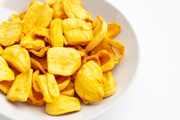 Jackfruit chips on white background