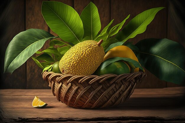 Jackfruit in een met bladeren bedekte houten mand is een rijp ongeschild tropisch fruit dat net is geplukt uit een jackfruitboom Thais tropisch fruit