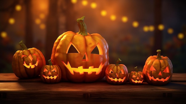 Jacko'Lantern and Jacko'Lanterns on a Wood Table in Halloween