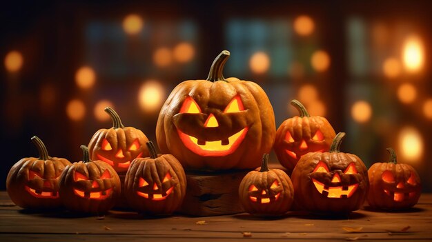 Jacko'Lantern and Jacko'Lanterns on a Wood Table