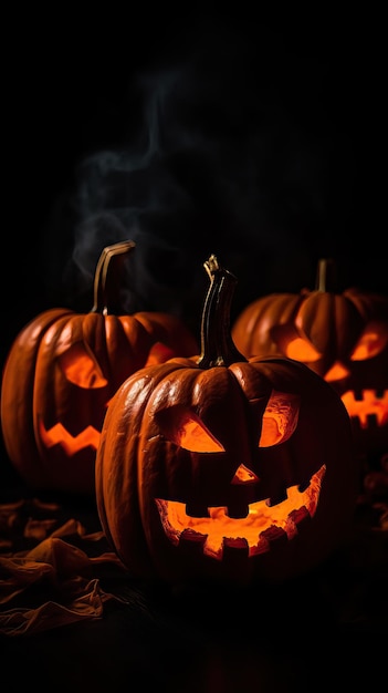 Jacko'lanterns glowing in the dark on Halloween night