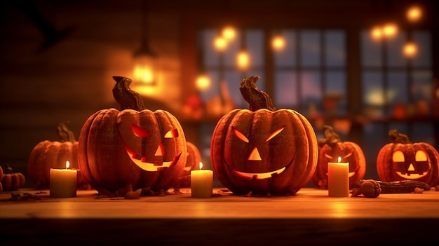 Jacko'Lanterns on Wooden Table