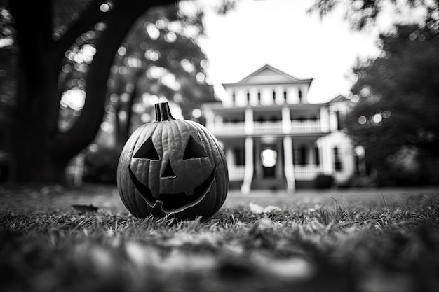 Jackolantern Halloween pumpkin near the house Festive home decorations Generative AI