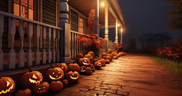 Jackolantern Halloween pumpkin on the porch Festive home decorations Generative AI