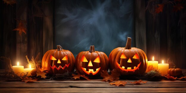 Jackolantern pumpkins candles garland Cute Halloween background Generative AI