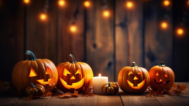 Jackolantern pumpkins candles garland Cute Halloween background Generative AI