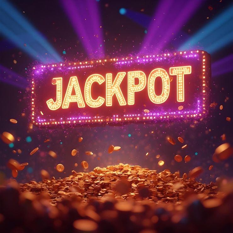 Photo jackpot sign glowing in neon purple and gold lights accompanied by a blast of gold coins