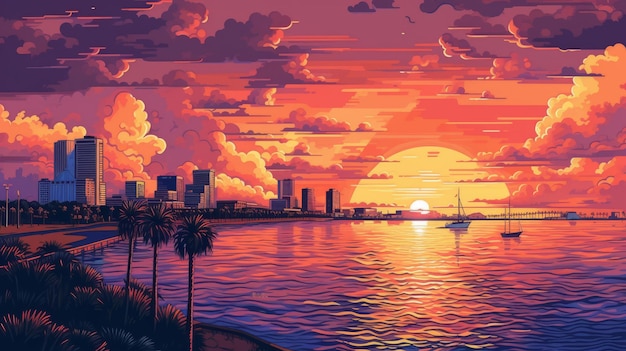 Jacksonville Sunset In 1750s A Pixel Art Illustration