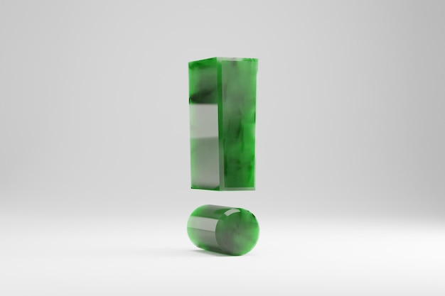 Фото Нефрит 3d восклицательный знак. знак нефрита, изолированные на белом фоне. зеленый нефрит полупрозрачный каменный алфавит. 3d визуализированный символ шрифта.