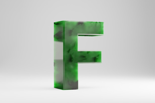 옥 3d 문자 F 대문자. 옥 편지 흰색 배경에 고립입니다. 녹색 옥 반투명 돌 알파벳입니다. 3d 렌더링된 글꼴 문자입니다.