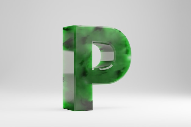 사진 옥 3d 문자 p 대문자. 옥 편지 흰색 배경에 고립입니다. 녹색 옥 반투명 돌 알파벳입니다. 3d 렌더링된 글꼴 문자입니다.