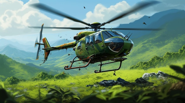 옥빛 친환경 헬리콥터가 씨앗을 심는 환경