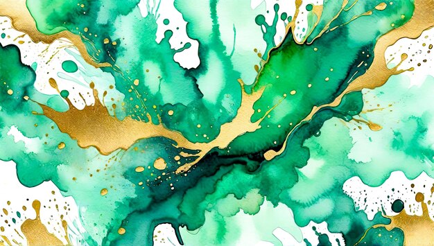 Jade green and gold paint splatter on white background