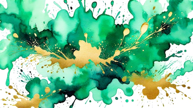 Jade green and gold paint splatter on white background