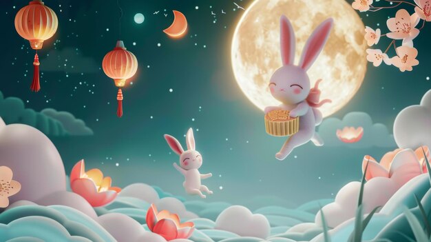 Jade rabbits are pounding mochi in the night sky Floating mooncakes and paper texture full moons decorate the sky Text reads Happy Mid Autumn Festival