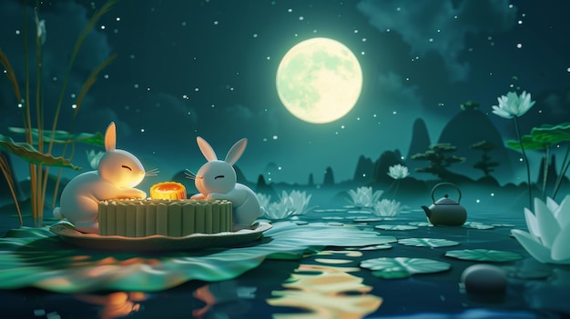 Jade rabbits eat mooncakes and pomelo on big mooncakes on lotus leaves by a lake with a giant tea pot beside in front of a full moon Translation August fifteenth Mid Autumn Festival