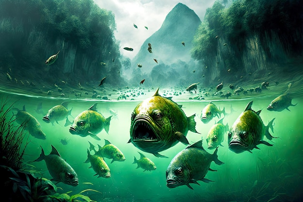 Jagen op massale zwerm piranha's in groene wateren van tropische rivier