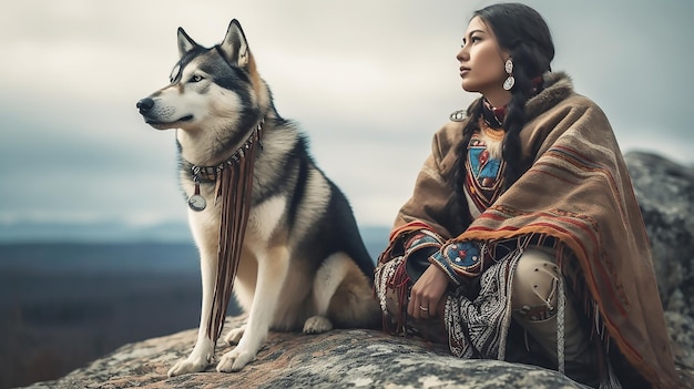 Jageres van de Indiaanse vrouw zit met wolf